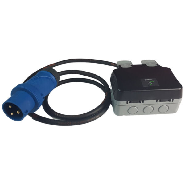 240v Adaptor - 32Amp Plug to 13Amp x 2 Waterproof Sockets
