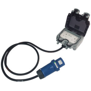 240v Adaptor - 32Amp Plug to 13Amp x 2 Waterproof Sockets for hire