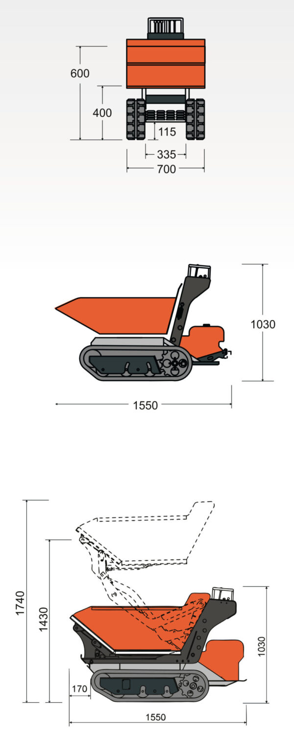 Skip Loader / Dumper (500kg Tracked) Dimensions Skip Loader / Dumper (500kg Tracked) Dimensions