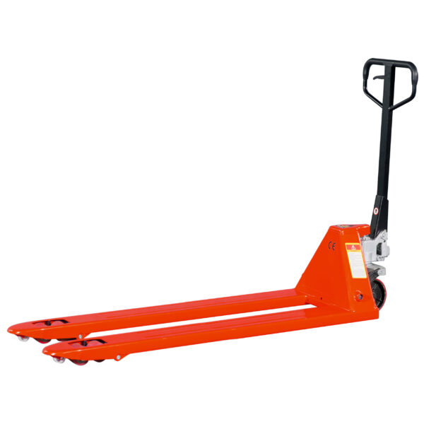 Long reach pallet truck in lowered position showing 1500mm fork length