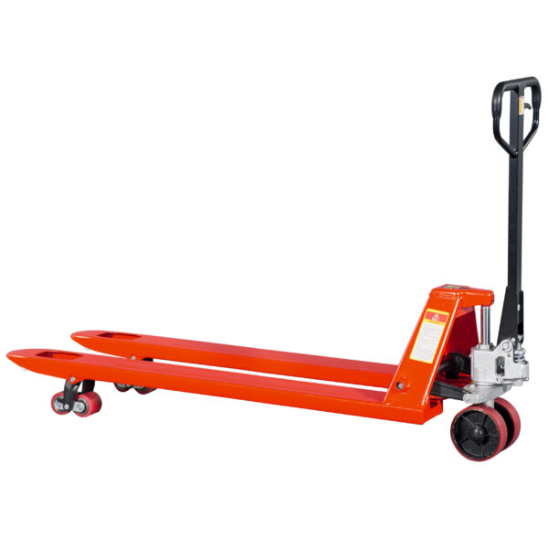 2000kg capacity pallet truck in fully raised position with heavy-duty hydraulics