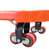Front view of the non-marking Polyurethane (PU) steer wheels and silver hydraulic pump on a 2000kg capacity pallet truck.