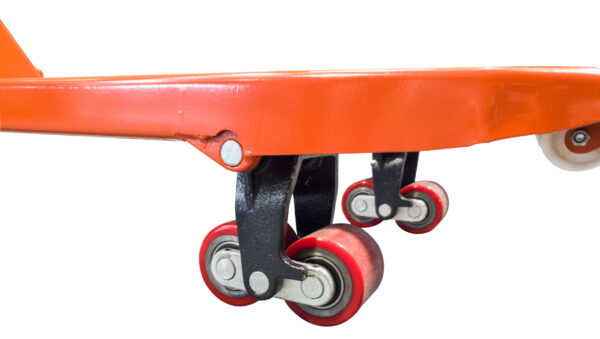 Front view of the non-marking Polyurethane (PU) steer wheels and silver hydraulic pump on a 2000kg capacity pallet truck.