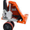 Front view of the non-marking Polyurethane (PU) steer wheels and silver hydraulic pump on a 2000kg capacity pallet truck.